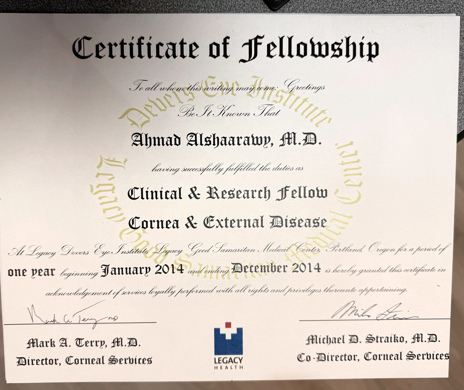 Certificat de fellowship du Dr Ahmed Shaarawy — Devers Eye Institute, Oregon, États-Unis, 2014