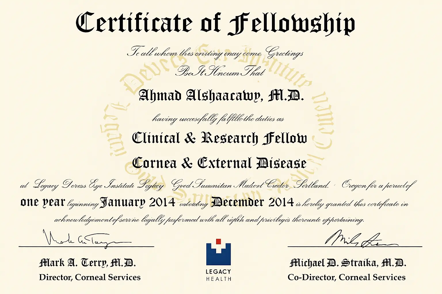 شهادة زمالة الدكتور أحمد شعراوي من معهد ديفرز للعيون - أوريجون، أمريكا